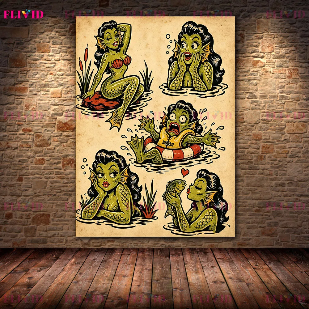 Retro Swamp Creature Tattoo Flash Sheet Canvas Print Vintage Gill Man Monster Poster Old School Horror Wall Art Man Cave Decor