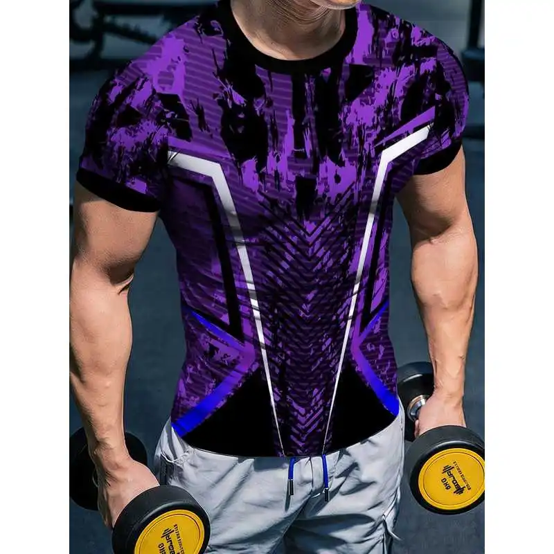 Mens Purple Black Graffiti Geometric Line Pattern Short Sleeve Fitness Shirt High Stretch Quick Dry Moisture Wicking Breathable