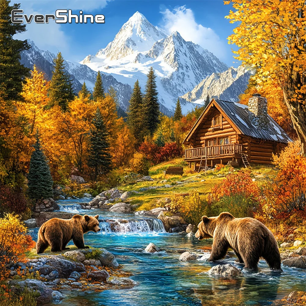 EverShine Diamant-Mosaik Landschaft Ahornwald Vollflächiges Quadratisches Gemälde Berge Strass Bär 5D Bild Haus Wandkunst