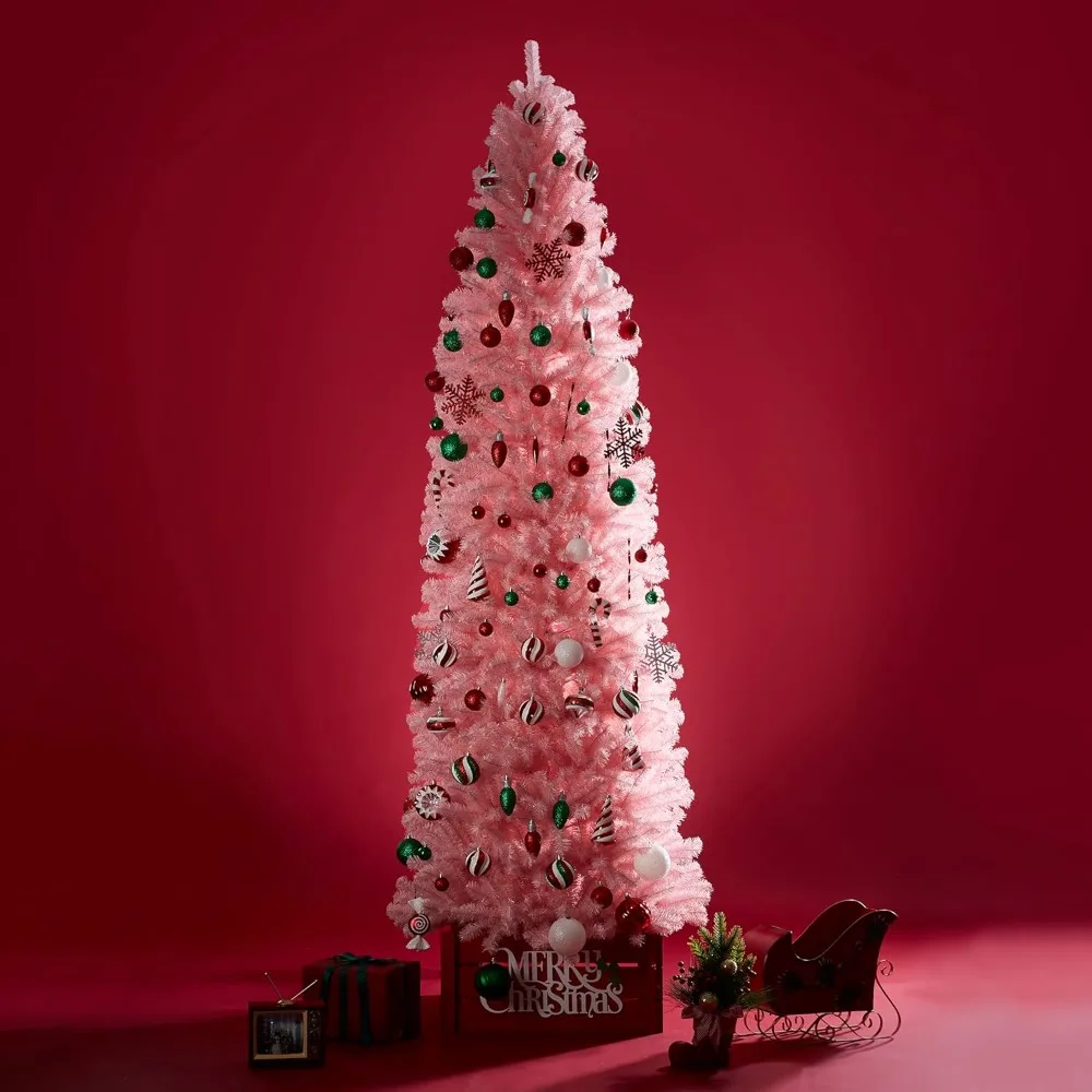 

9-foot Pink Pencil Tin Artificial Christmas Tree with Easy To Assemble Metal Bracket, A Large Christmas Tree for Home Decoration