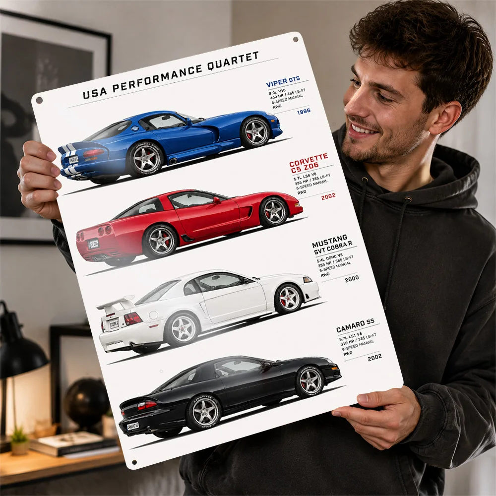USA Performance Car Quartet Printed Poster Personalized Aluminum Metal Sign Speed Icon Tribute Wall Art Made For Garage Owners