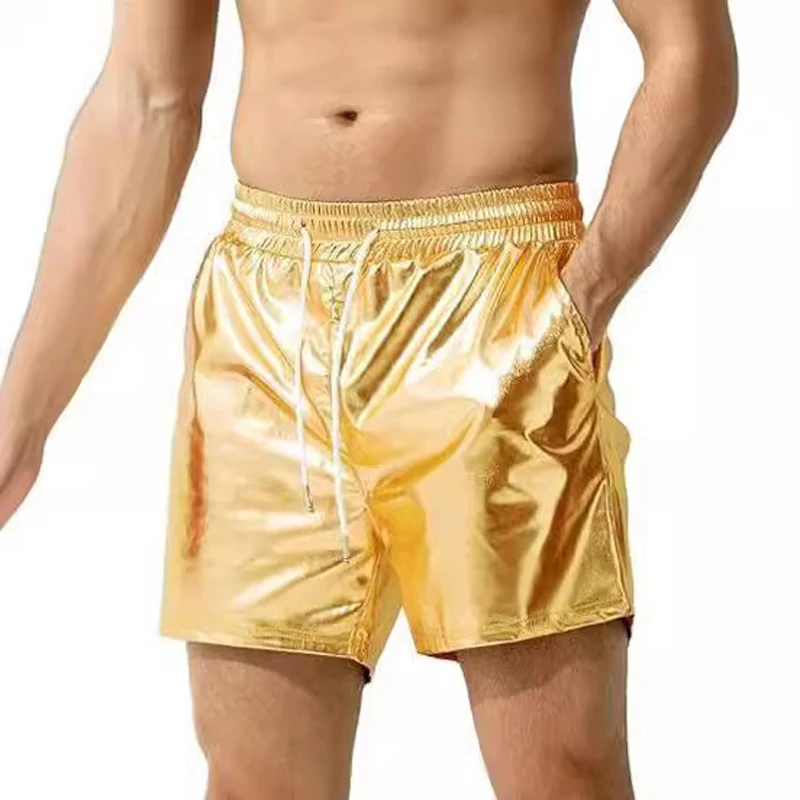 Traje de verano para hombre, pantalones cortos brillantes para club nocturno, pantalones de chándal negros dorados y plateados brillantes, pantalones cortos metálicos con cordón para fiesta disco