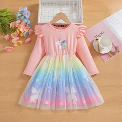 Dress For Kids 2-7 Years old Cute Cartoon Unicorn Ruffled Colorful Tulle Sleeve Princess Dresses Ootd For Baby Girl