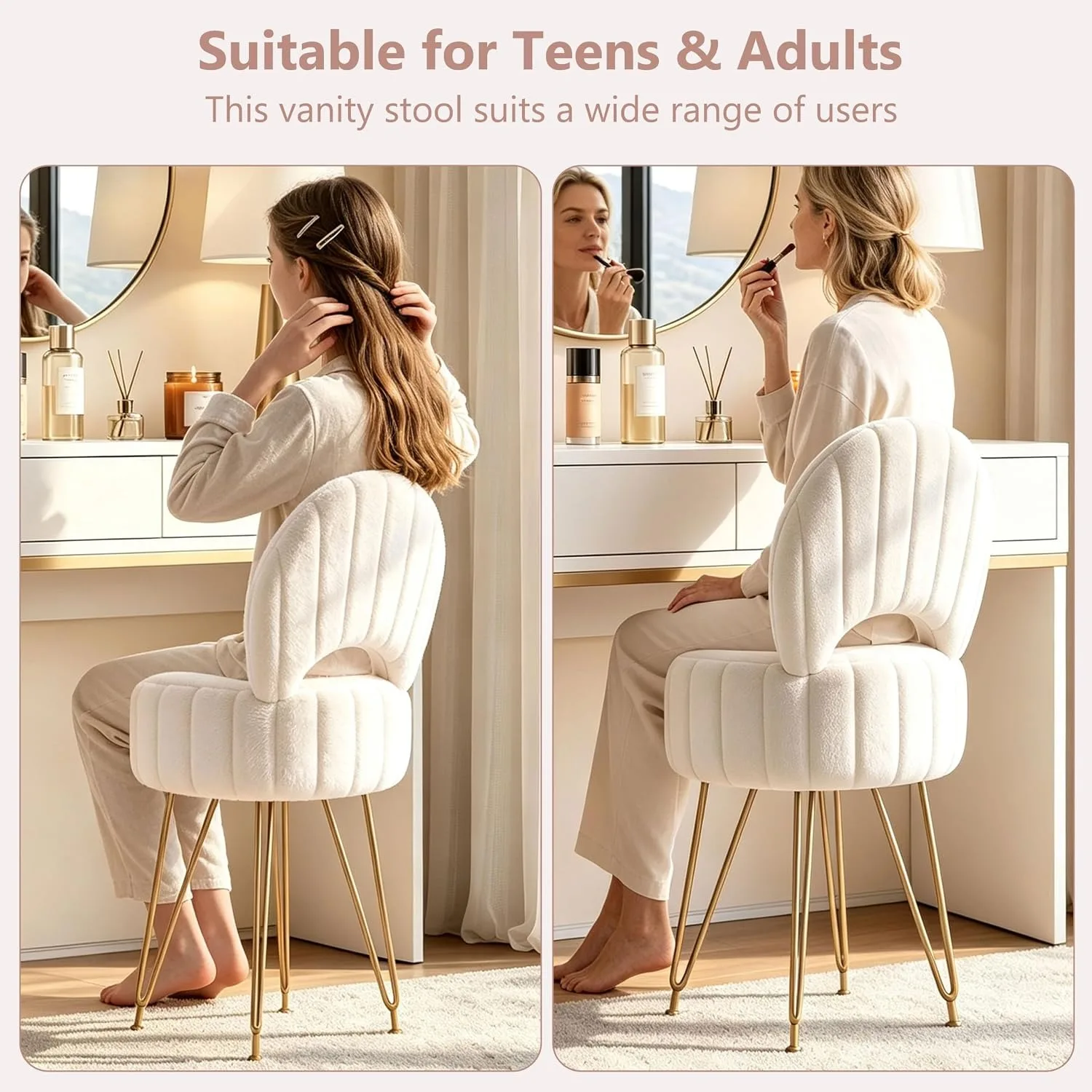 White Faux Fur Vanity Stool Chair with 7.9 Liter Hidden Storage Folding Backrest Thick Padded Seat Gold Metal Legs Adjustable Feet 284 LB Capacity Compact Makeup Ottoman Bench for Bedroom Living Room  image 6