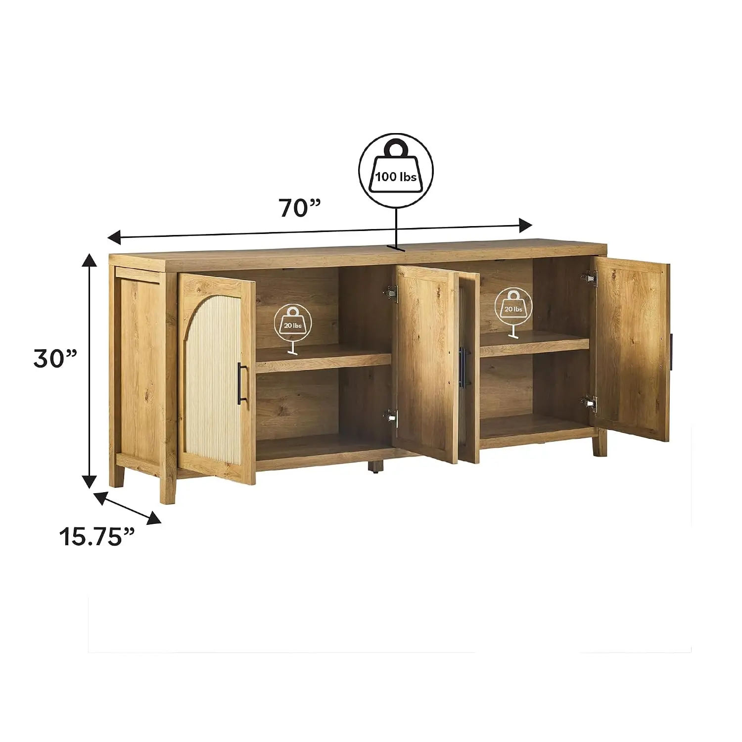 70 Inch Reeded Sideboard Buffet with 4 Doors & Cord Management, English Oak, Customized