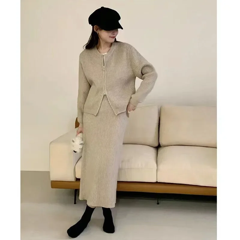 Fashionable Women\'s Double Zipper Woolen Dress Two-piece Set Casual Loose Autumn and Winter New Half Skirt Knitted Cardigan