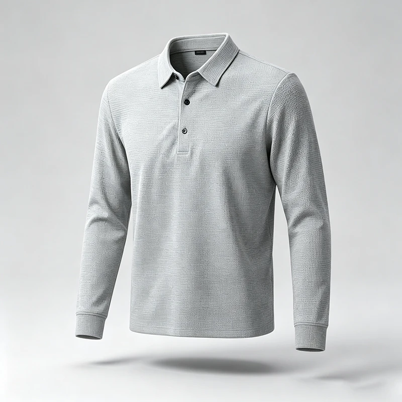 Herren Strukturiertes Waffel-Langarm-Poloshirt, Reguläre Passform, Weich, Knitterresistent, Business-Casual Alltags-Pullover-Oberteil – Detail 13