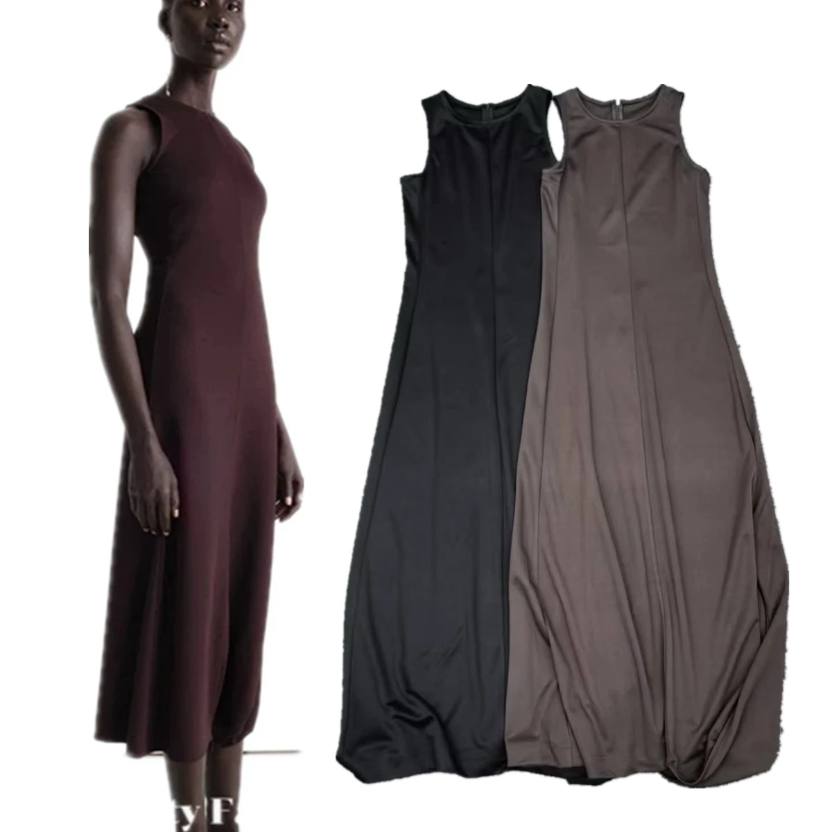 

Jenny&Dave Minimalist Slim Waist Dress Women Fashion Ladies Black Brown Summer Tank Dress French Elegant Sleeveless Dress