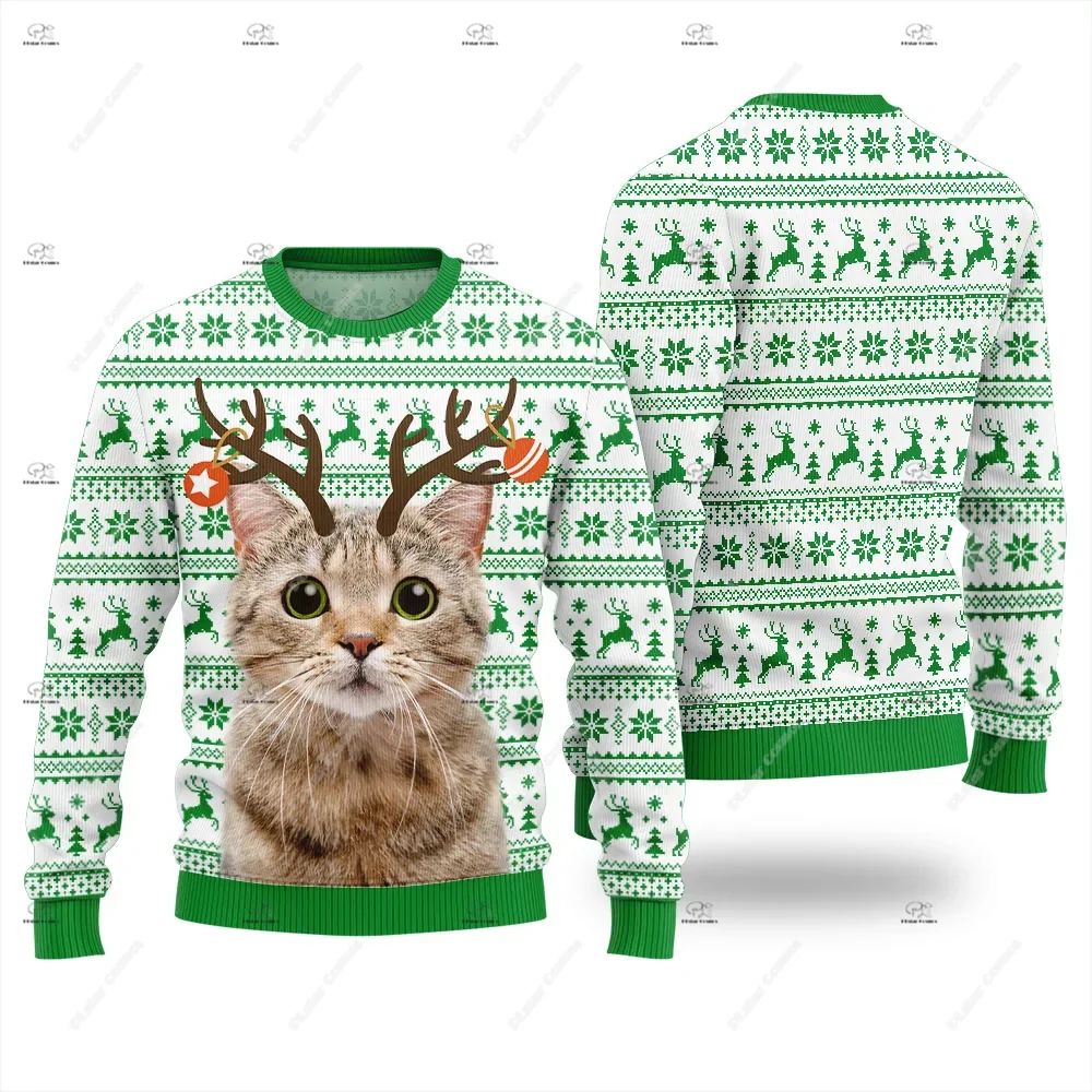 Christmas Santa Claus Pet Cat Knitted Ugly Sweater Graffiti Retro Vintage 3DPrint Pullover Harajuku Casual Funny Long Sleeves 38