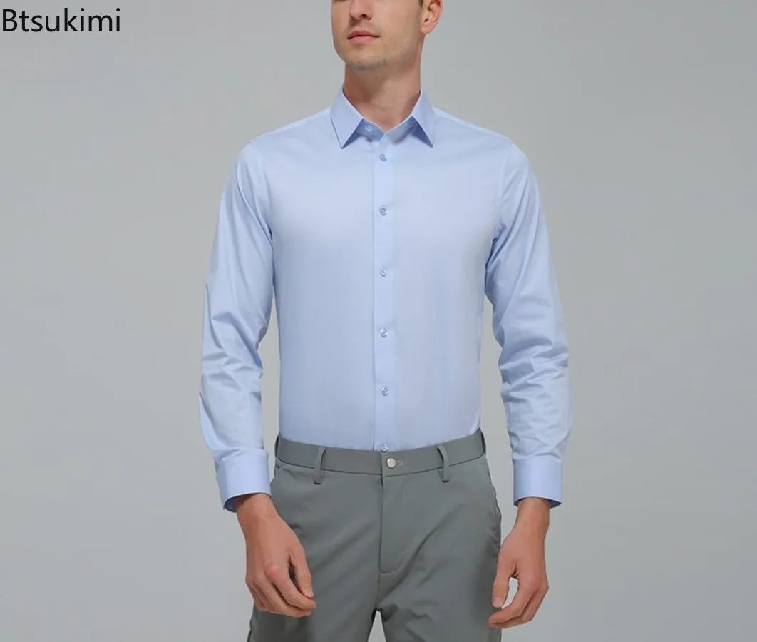 عالية الجودة الرجال قميص الصلبة مرونة المضادة للتجاعيد غير الكي سليم موضة عادية الأعمال مكتب فستان بكم طويل قميص