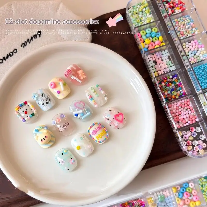 【HBA】1 Box 12/36 Grids Mix Colors/Sizes 3D Nail Little Flower Candy Beads Set Nail Decoration DIY Manicure Accessories