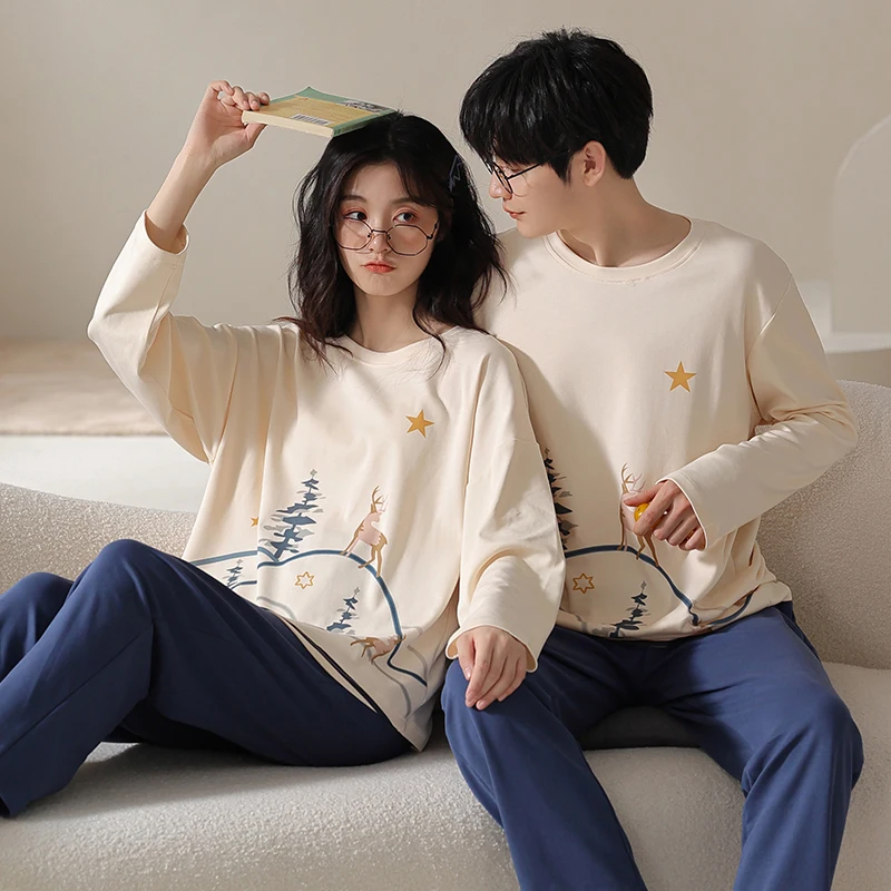 M-3XL Spring and Autumn Men's and Women's All Cotton Pajamas Long sleeved Round Neck Pullover Autumn All Cotton Pajamas