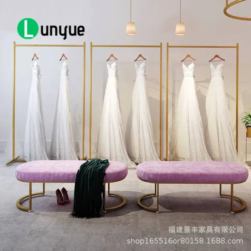 Gold Wrought Iron Floor to Ceiling Wedding Dress Rack Cheongsam Clothes Hanger Clothing Store Display Stand Retail Garment