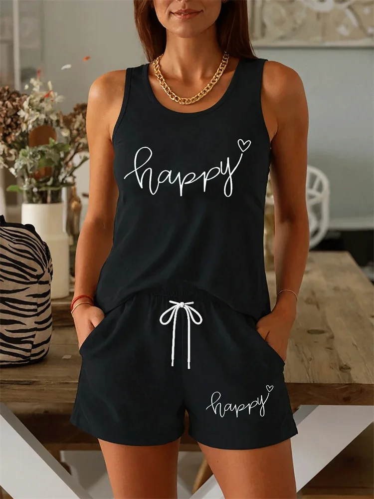 2026 New Women's Summer Fashion Casual Two-Piece Set Minimalist Letter-Printed Tank Top Set Breathable Outdoor Sports Set