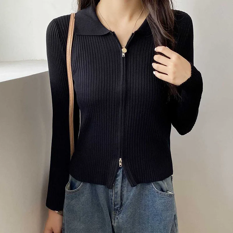 Lucyever Zip-up Knitted Cardigan for Women Sexy Slim Elasticity Ribbed Crop Tops Female Autumn Winter Turndown Collar Knitwear