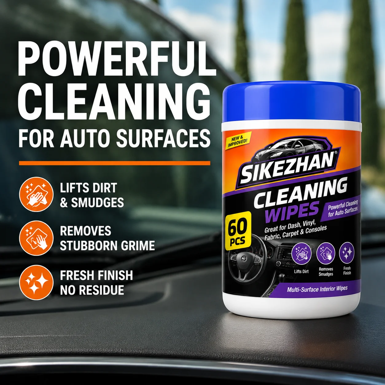 SIKEZHAN 180ct Car Interior Care Kit: Multi-Surface Cleaning,UV Protectant&Ammonia-Free Streak-Free Auto Glass Wipes Value Pack