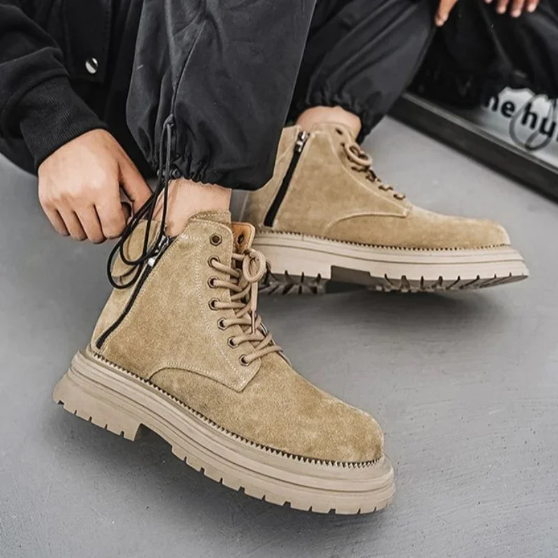 

Platform Solid Color Male Casual Boots Thick Sole Round Toe Men's Leather Shoes Social Shipping Free On Sale Fashion 2024 Adults