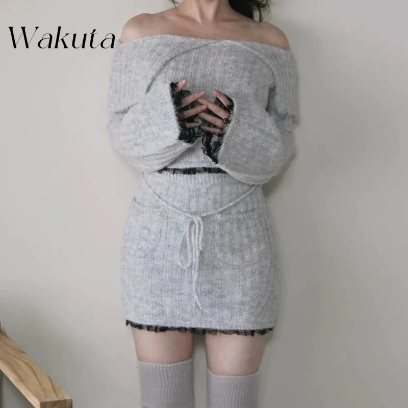 WAKUTA Japanese Niche Early Spring Sweet One Neck Off Shoulder Knitted Long Sleeve Top Versatile Retro Knitted Skirt 2-piece Set