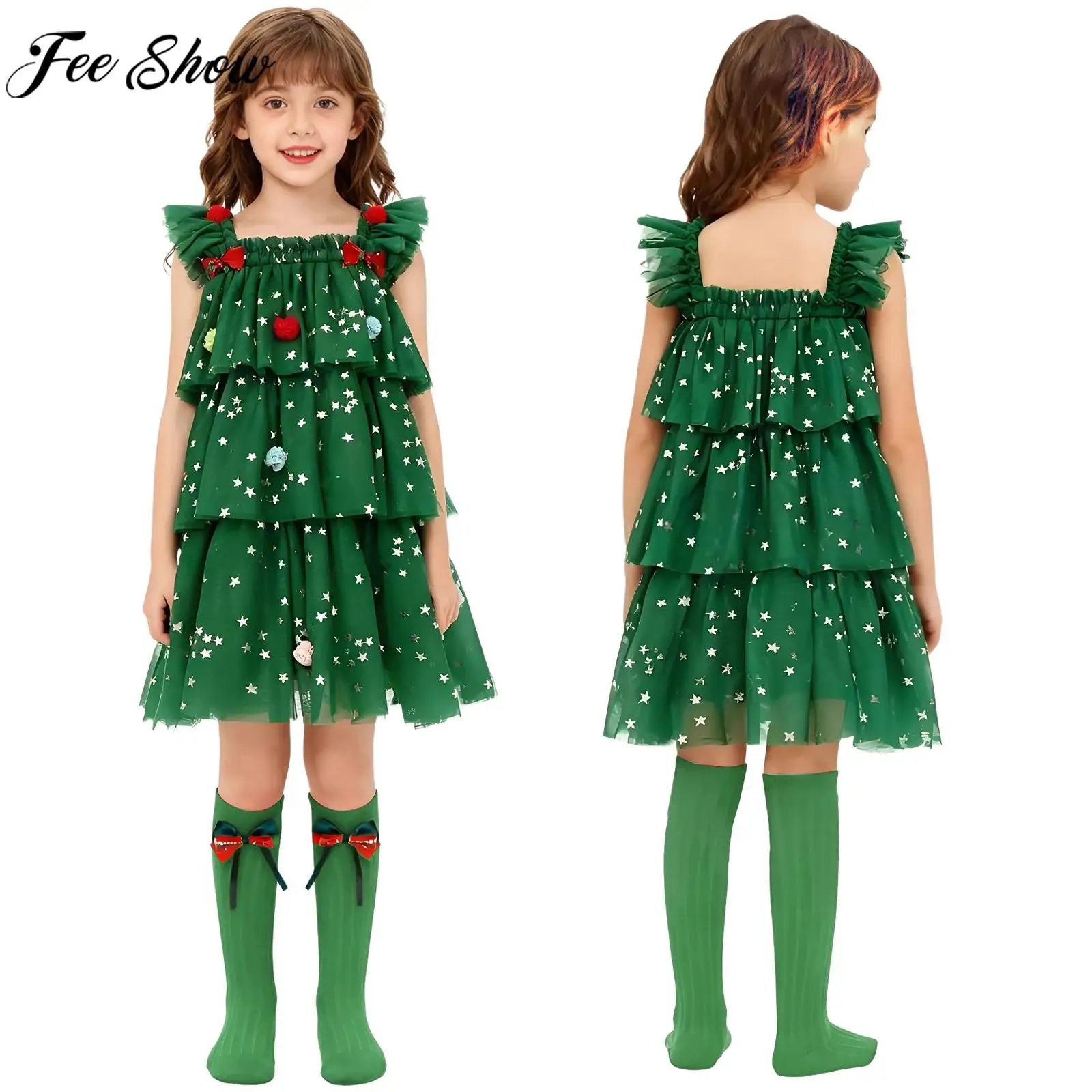 Disfraz de elfo de árbol de Navidad para niñas pequeñas, vestido tutú de tul en capas con estampado de estrellas y calcetines para sesión de fotos de fiesta de Navidad