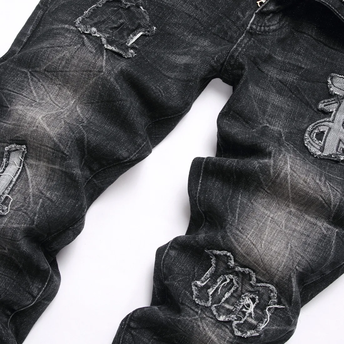 Men's Leopard Pattern Spliced Jeans Pants Badge Embroidery Star 3D Worn Out Zipper Slim Fit Versatile European American Trends24