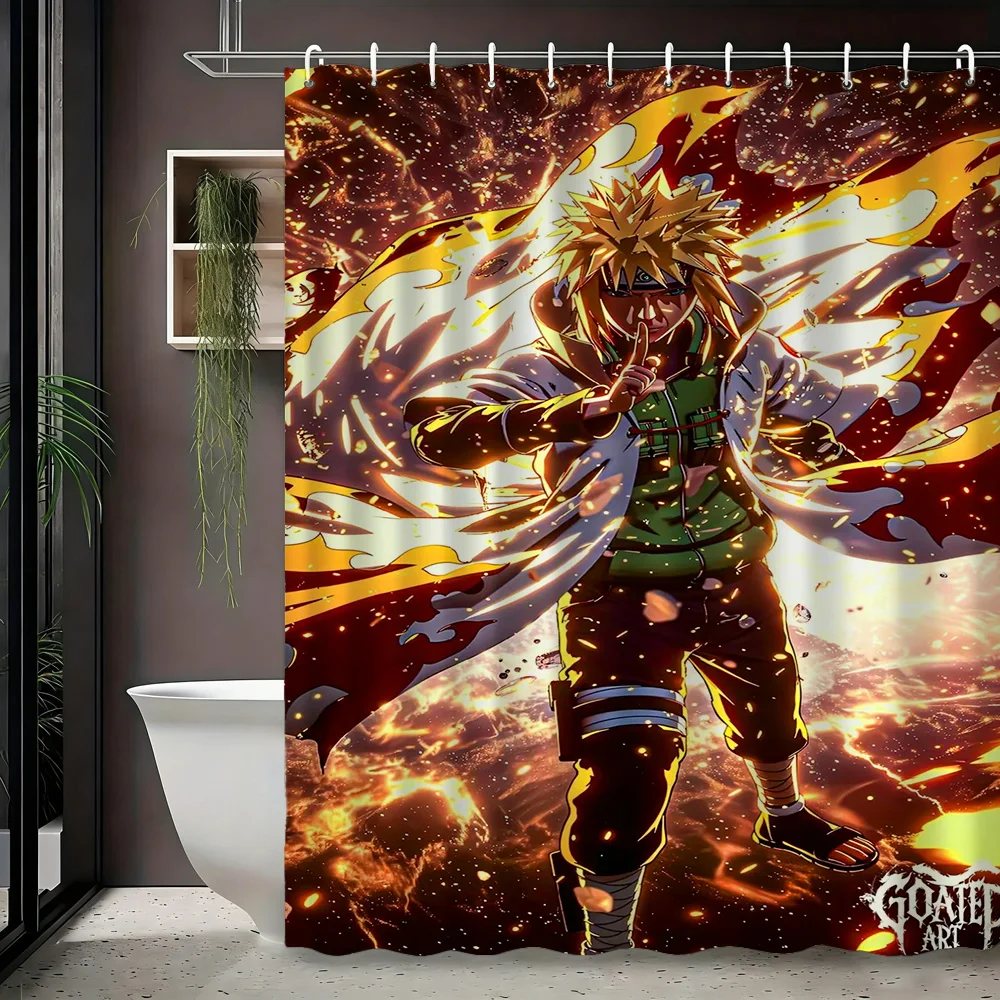 2D Flat Anime Minato Yellow Flash Fire Background Shower Curtain Waterproof Bathroom Decor