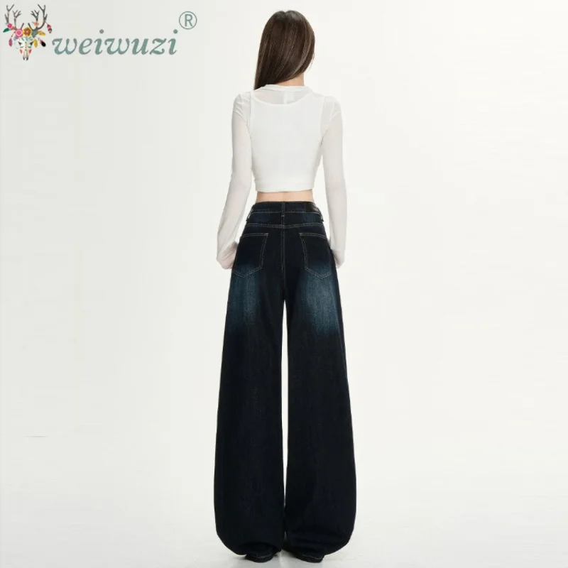 Women Fleece Lined Retro Street Style Wide Leg Pants Niche Design Floor Length Pants High Waisted Loose Fit Slimming Jeans