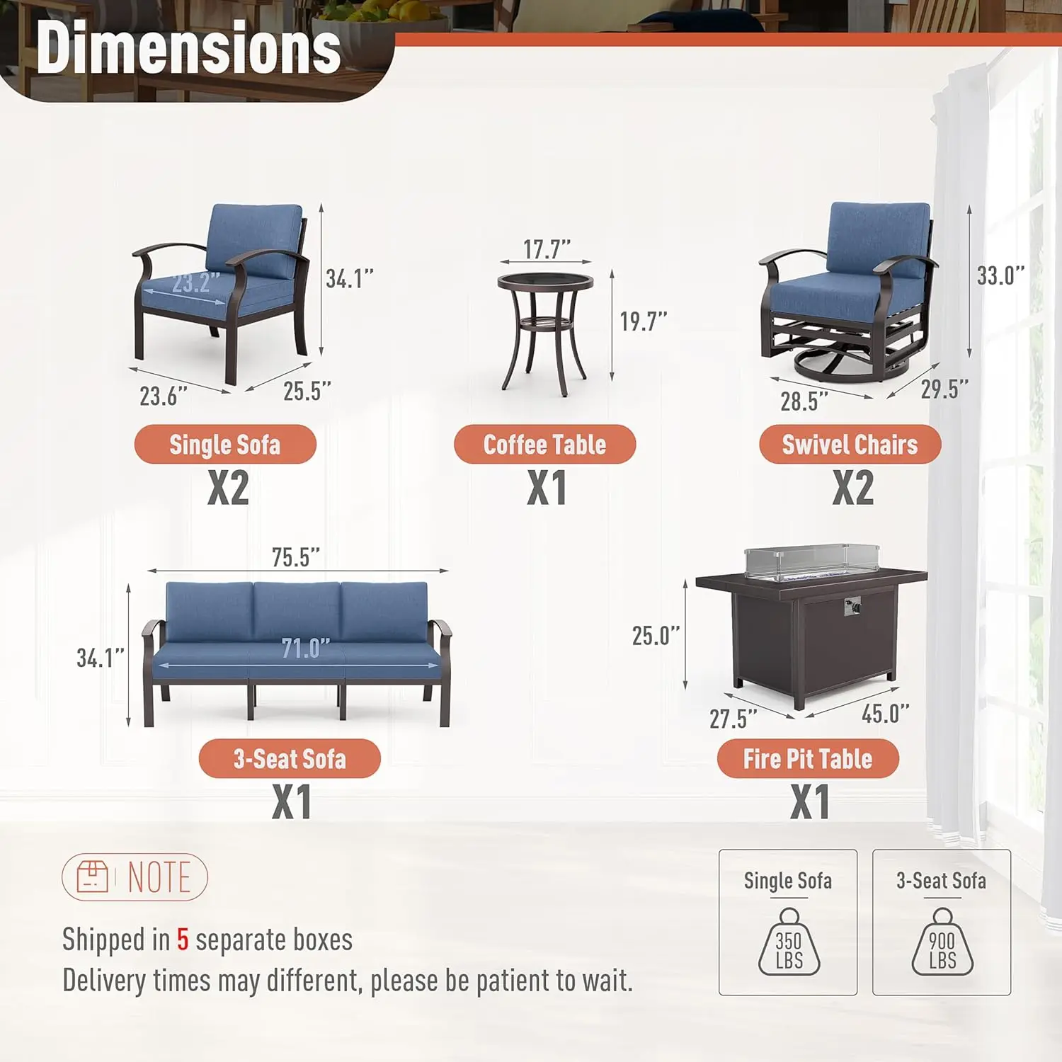 Aluminum Patio Furniture Set 7-Seat Modern Metal Outdoor Conversation Sets w/45in Propane Fire Pit Table, Swivel Rocking Chairs