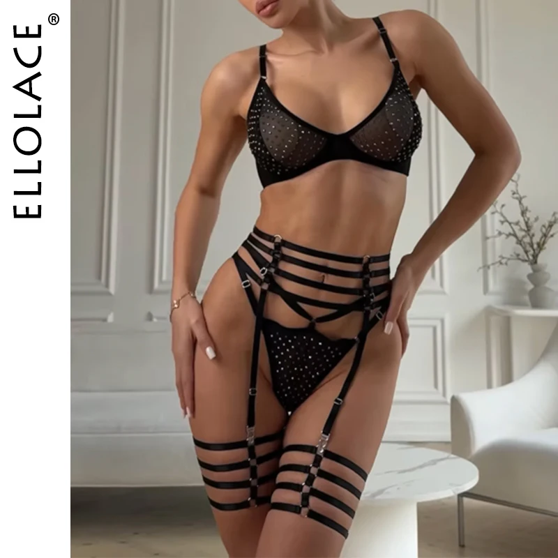 

Ellolace Exclusive Sexy Female Lingerie Rhinestone Decor Bra Thong Belt 3PC with Leg Circles See Through Bandage Discipline Kit