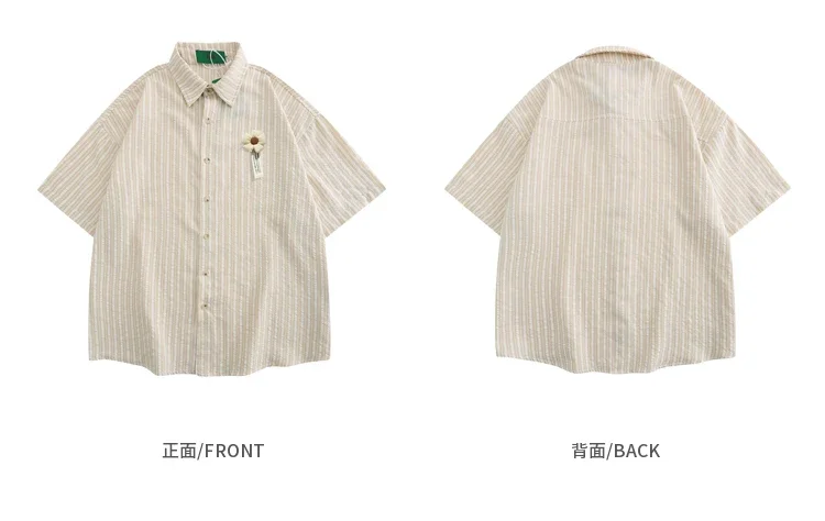 HK Style Vintage Flower Striped Short Sleeve Shirt Men Loose Couple Casual Shirts for Summer