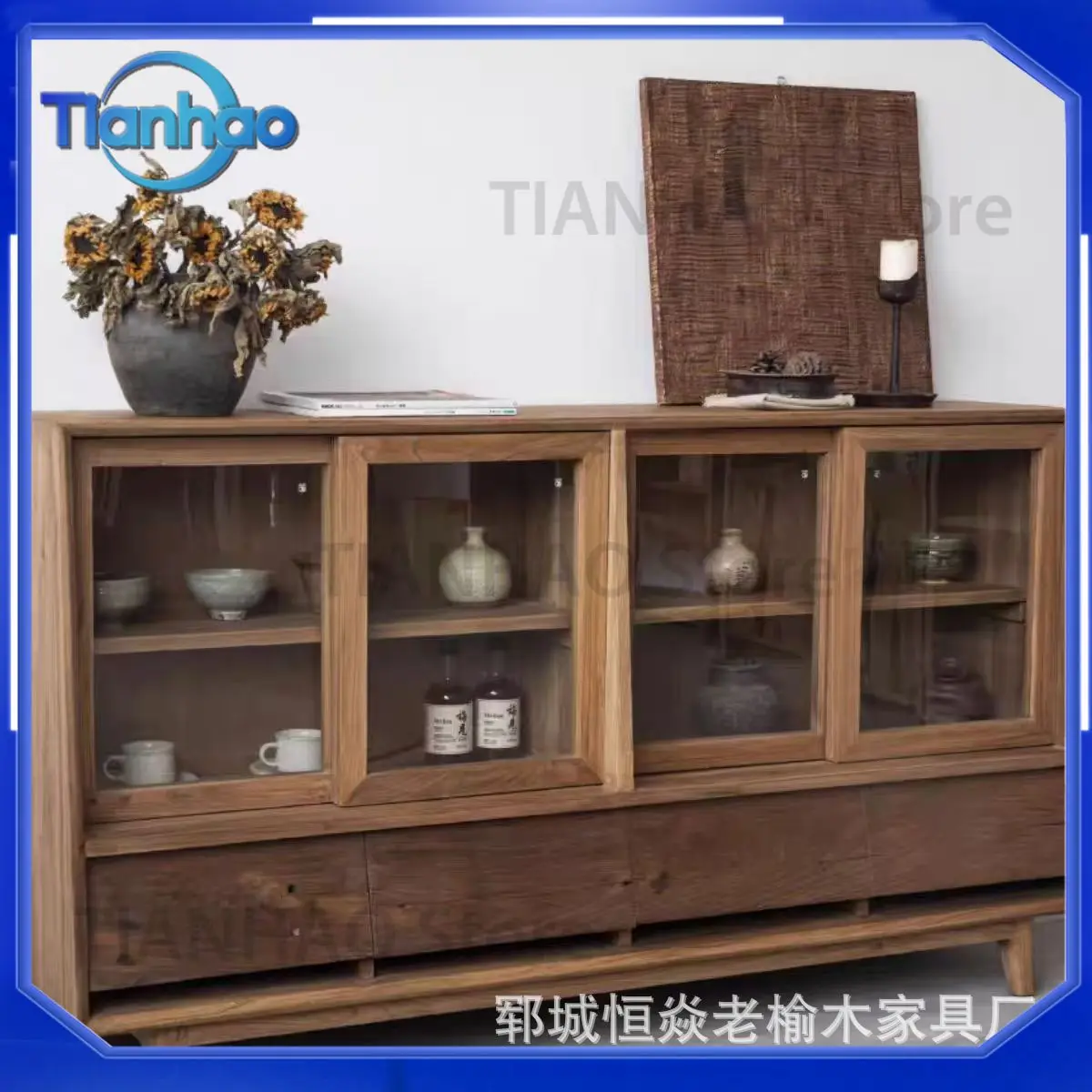 Wabi-Sabi Style Old Elm Wood Solid Wood Wall-Mounted Tea Cabinet for Multi-Functional Glass Storage Cabinet for Dining Area