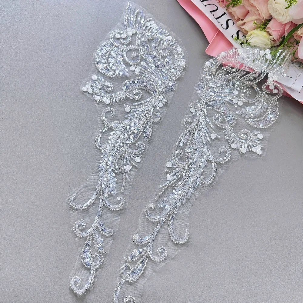1Pair Beaded Sequined Lace Embroidery Cloth Sticker Wedding Dress Clothing Sewing Applique Flower Handmade Flower Patch DIY