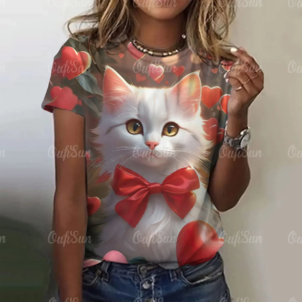 Kawaii Kitten Graphic Women's T-shirt Harajuku Clothing For Ladies Summer O neck Pullover Fashion Short Sleeve Tees Loose Tops