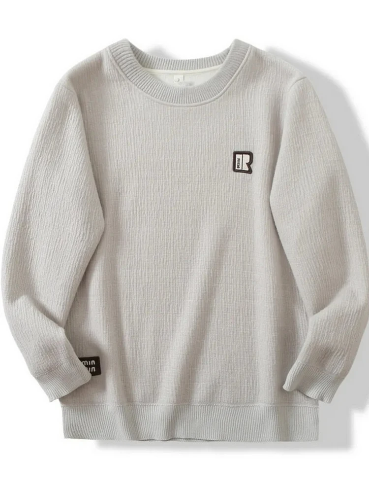 

New round Ne Knitted Sweater Fce Lined Loose Busin Casual M Autumn Winter Thermal Base Layer Knitwear Embroidered ...