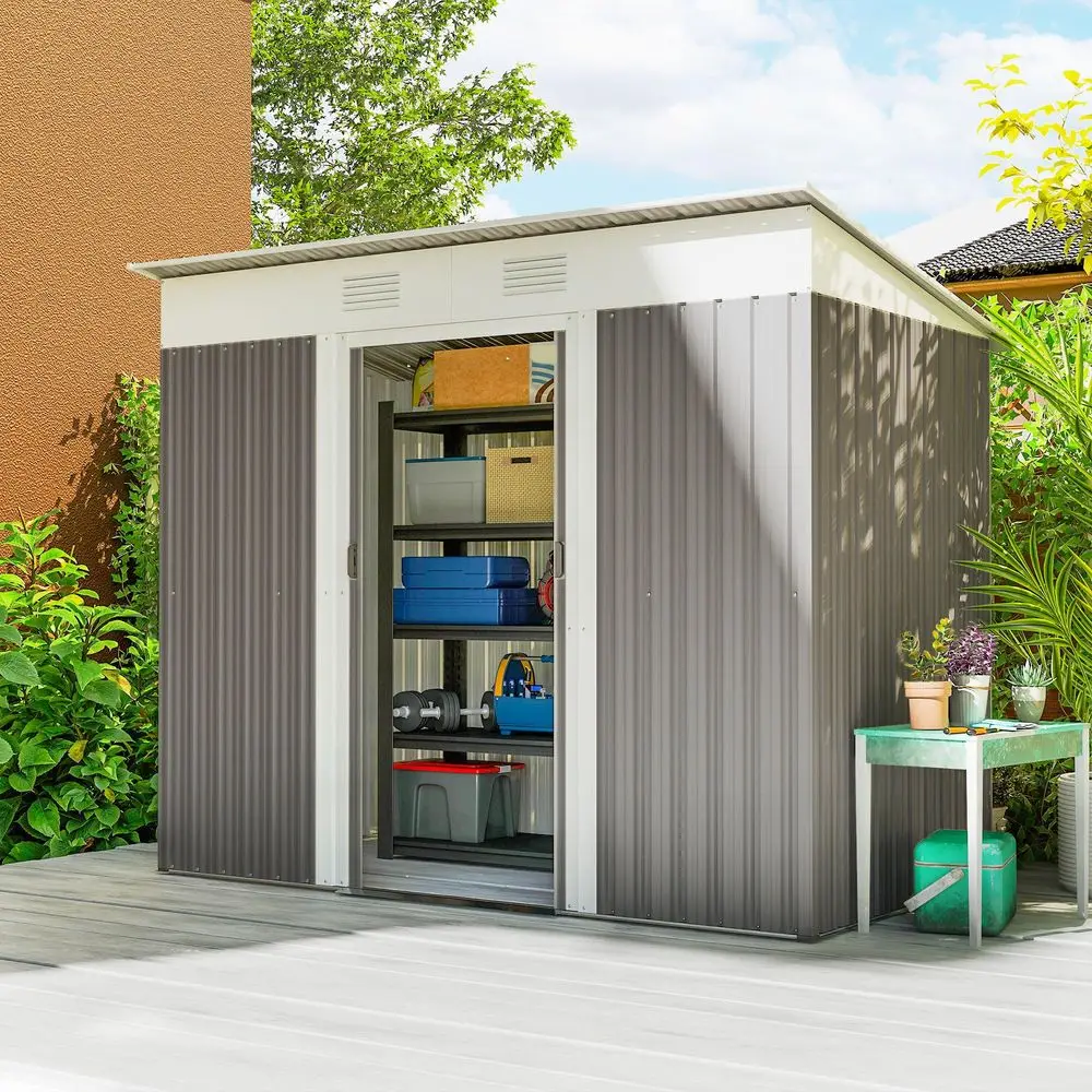 

7 x 4 Metal Lean to Garden Shed, Outdoor Storage Shed, Garden Tool House with Double Sliding Doors, 2 Air Vents for Backyard, P