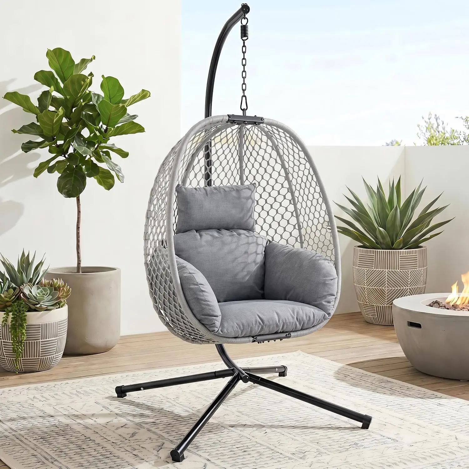 Outdoor Egg Hanging Chair with Stand, Honeycomb Wicker Swing Chair for Patio, All-Weather Rope Hammock Chair with Thick Cushions