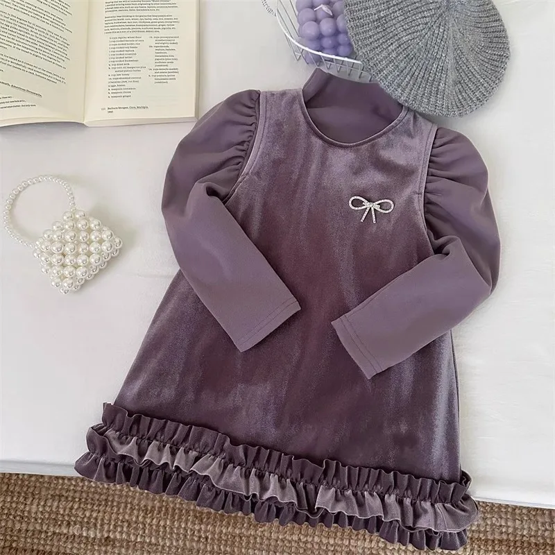 

TOY-Winter New Style Girls' Velvet Lined Vest Dress Base Shirt New Year Outfit Two-Piece Set
