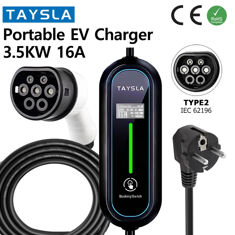 TAYSLA Portable EV Charger 16A 3.5KW Type2 IEC62196 Type1 SAE J1772 Fast Charging Box EU Plug for Electric Cars