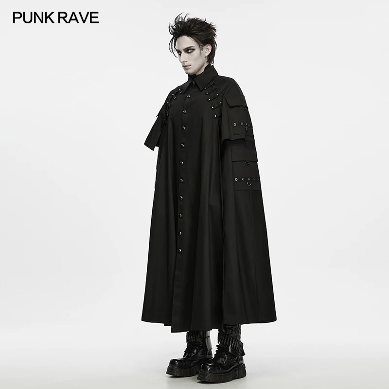 PUNK RAVE Gothic Ruins Era Strap Loose Long Silhouette Cloak Symmetrical Design Rivet Straps Hard Texture Coat