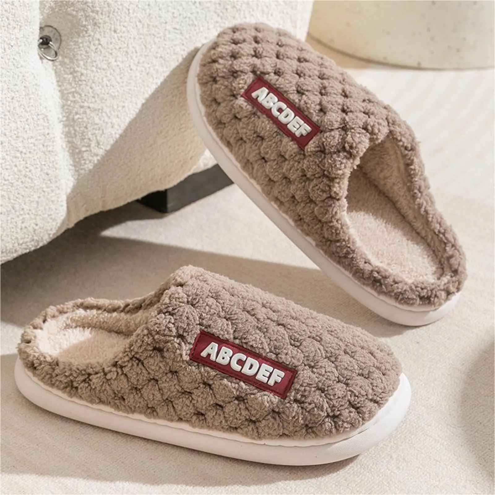 Classic Letter Print Couples Winter Home Warm Plus Cotton Slippers Women Indoor Household Thick Sole Non Slip Wool Slippers