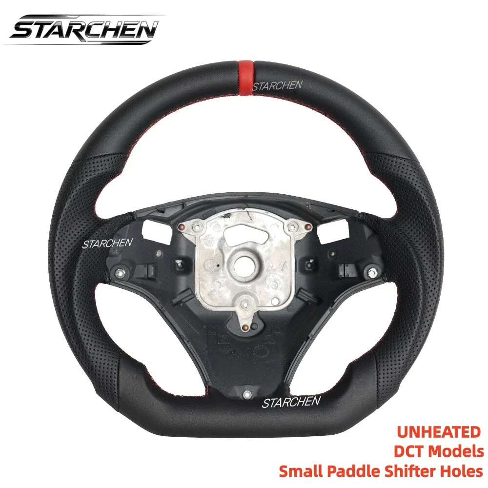 M Sport Full Leather Sport Leather Steering Wheel For BMW E90 E92 E93 M3 328i 335i DCT with Small Paddle Shifter Holes Version & Red Stripe(Non-heated)