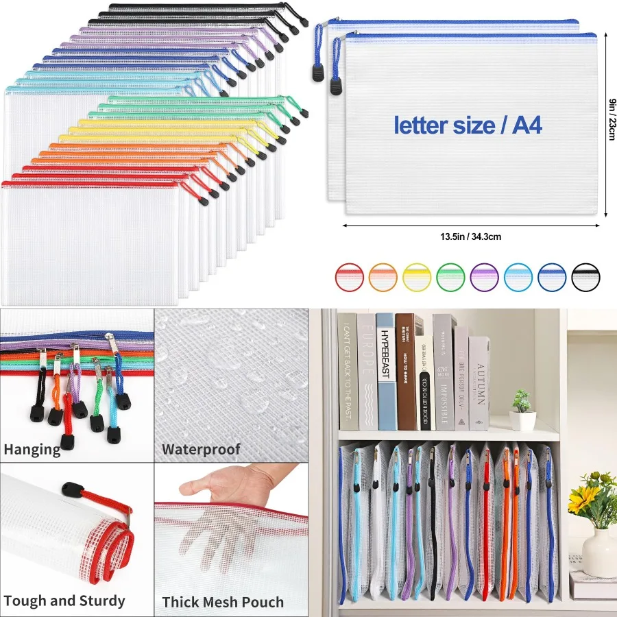 

24pcs Mesh Zipper Pouch Bags A4 Size Waterproof Organizer Storage Pouches for School Supplies Toys Puzzle Board Games Office Do