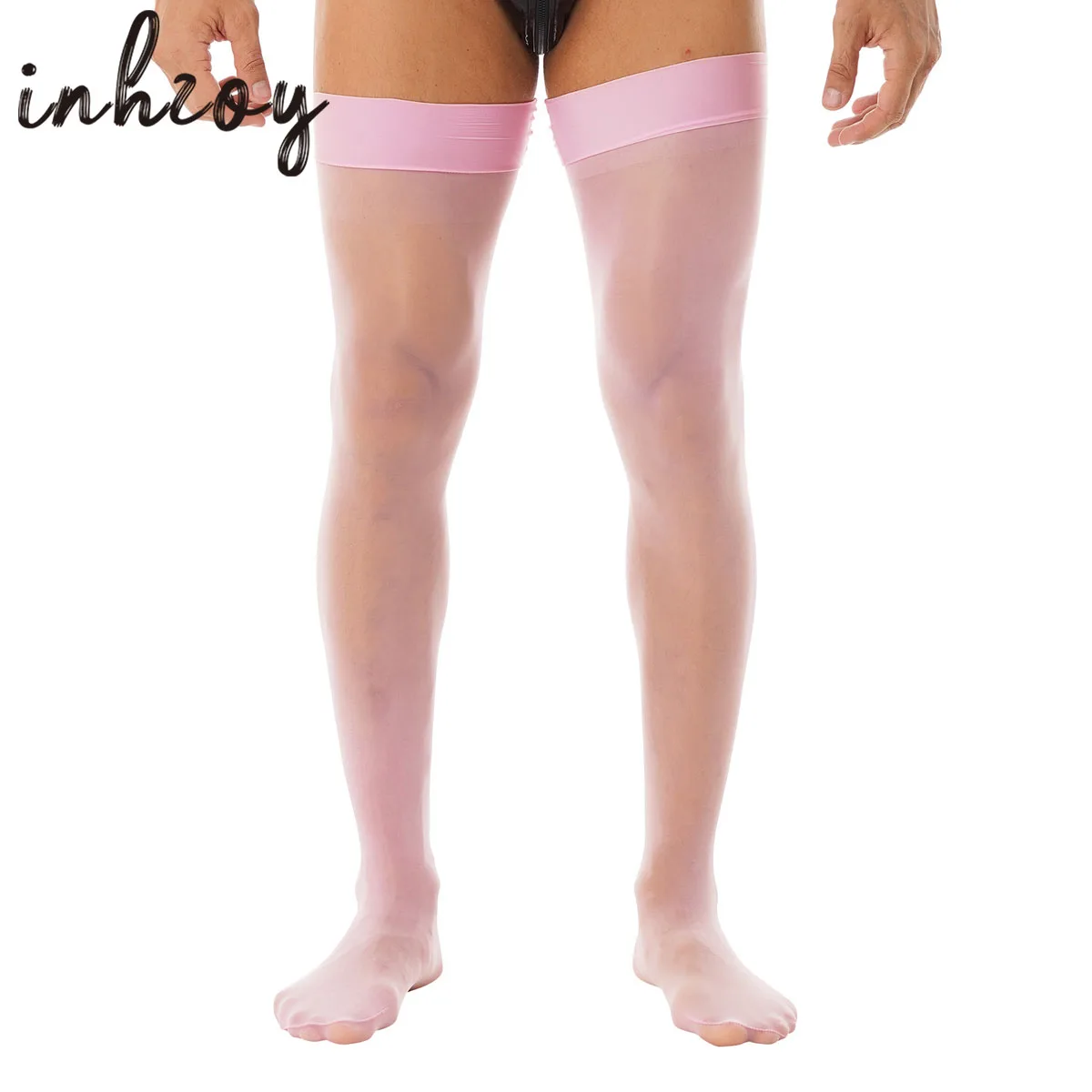 1 par dos homens meias transparentes brilhantes meias longas elásticas coxa alta gloosy gay masculino sissy exótico meias compressão roupa interior