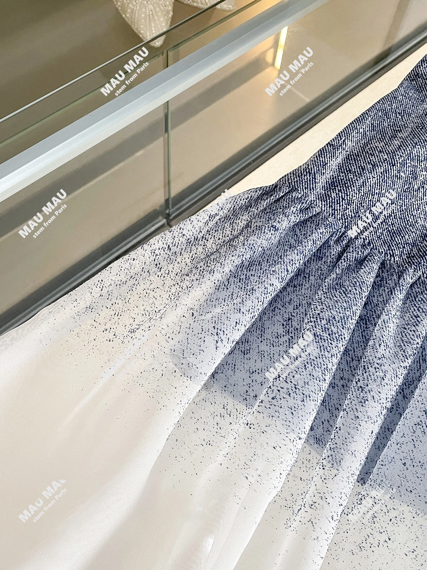 하이웨이스트 A라인 드레스 로즈 플로럴 데님 메쉬 스커트 반팔 라운드넥 출퇴근 스타일 중간 두께 그라데이션 컬러 지퍼 백