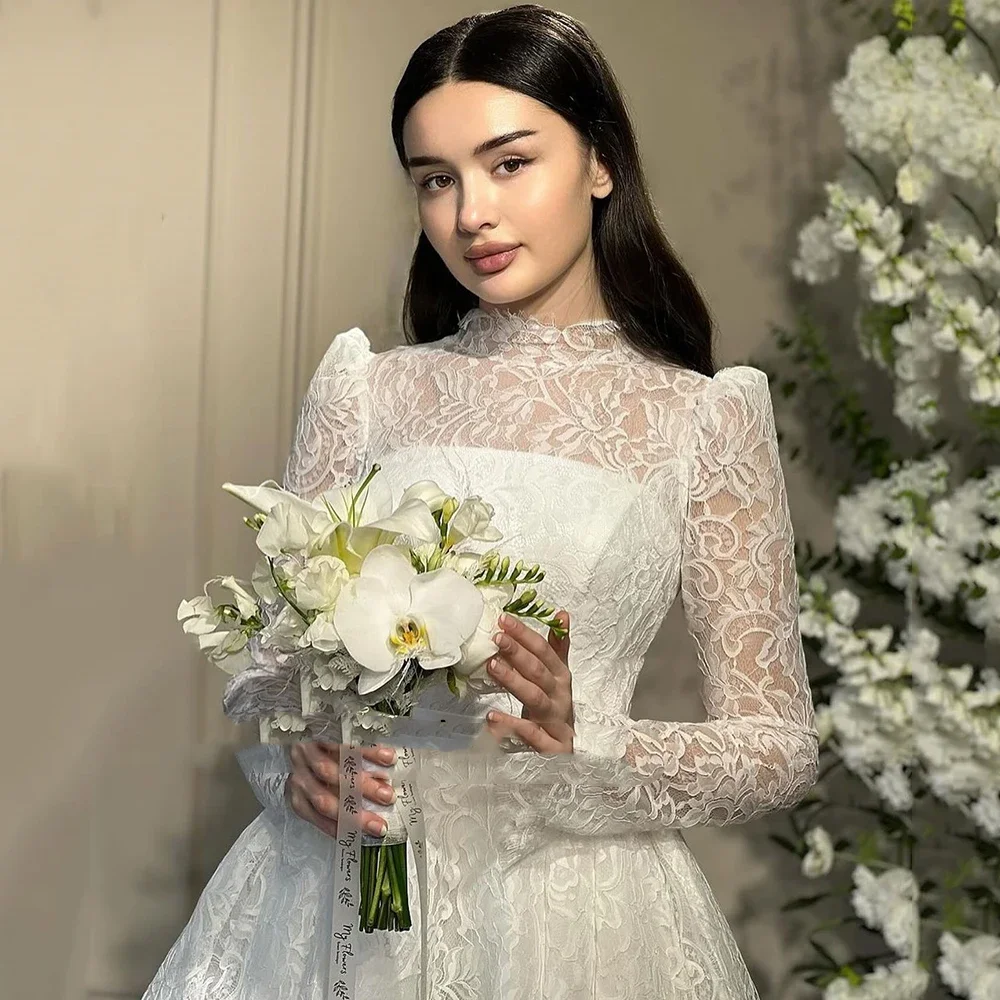 플라빈케 맞춤 우아한 하이넥 화이트 레이스 A라인 웨딩드레스 2025 긴팔 드레이핑 이브닝 파티 프롬 가운