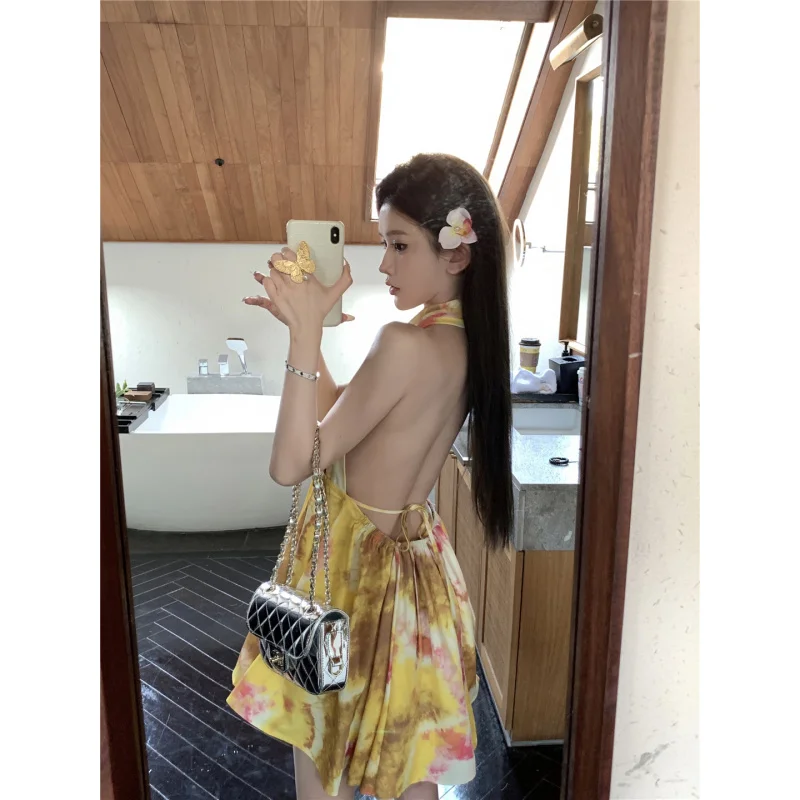 Real Shot Yellow Floral Halter Dress Backless Summer New Hot Girl Style Dress