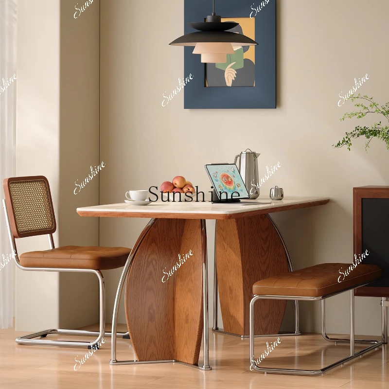 MSolid wood rock slab dining table is retro for home use, small for home use, rectangular.