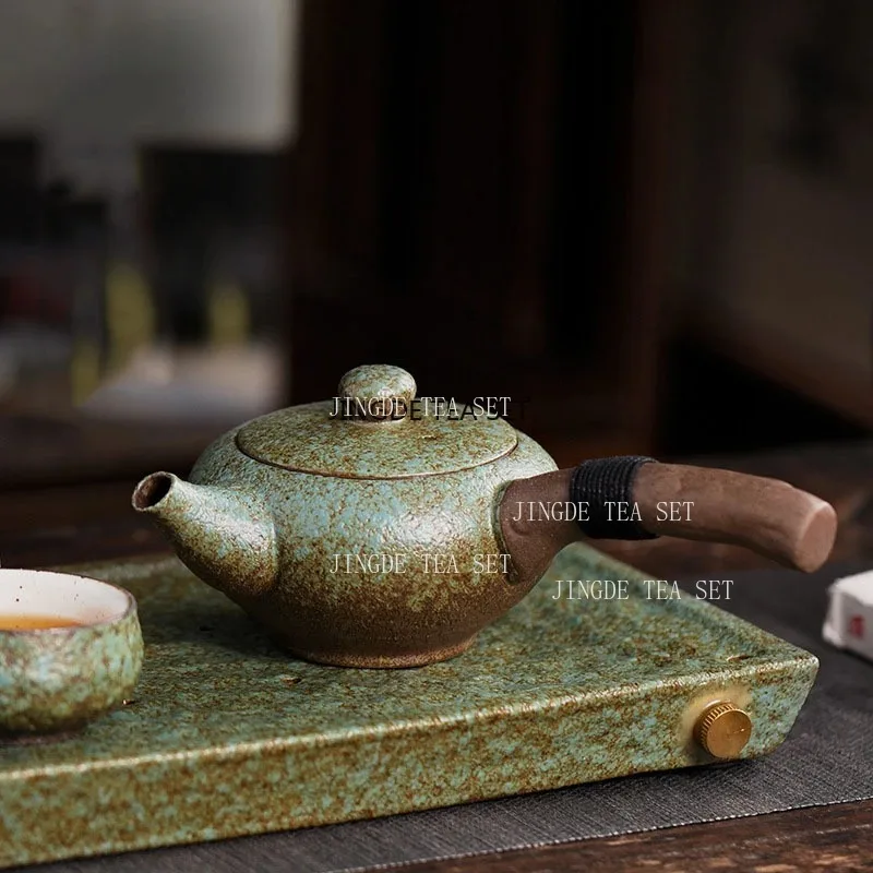 Tetera de cerámica gruesa con mango lateral de 240ml, juego de té de kungfú chino para el hogar, tetera individual, ceremonia del té personalizada