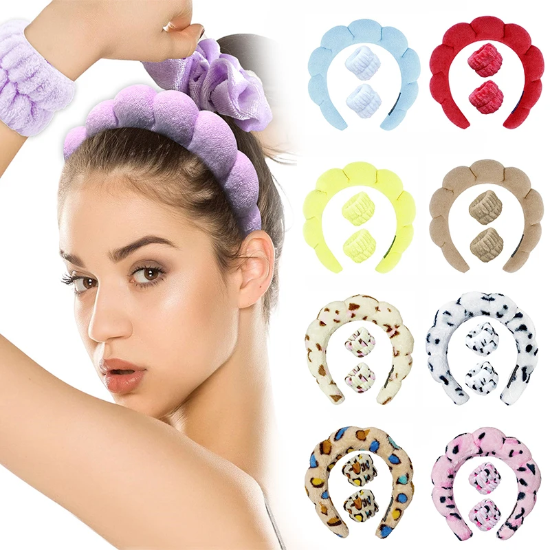 

1/3Pcs Twist Sponge Headband Wristbands Set Cloud Headband Leopard Print Hair Hoop Sponge Headband Washing Face Makeup Headband