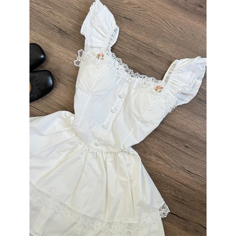 Lolita princesa doce vestido branco feminino renda aparada manga bufante vestido em camadas retalhos macio estilo bonito vestidos finos