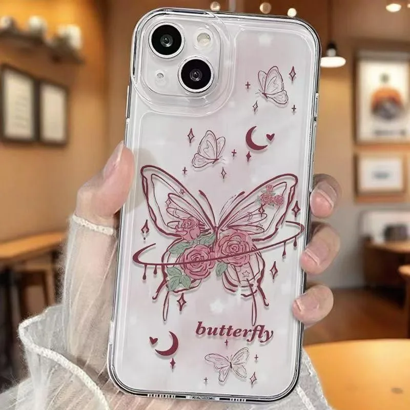 حافظة على شكل فراشة وردية لهاتف آيفون 17 16 15 14 Pro Max 13 12 Mini 11Pro XR 7 8 SE غطاء مقاوم للصدمات واقي للشاشة